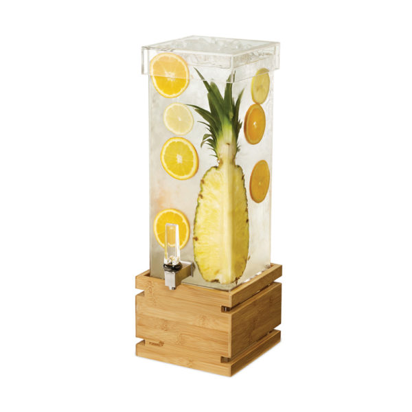 2 Gal. Rectangle Clear Acrylic Beverage Dispenser with Bamboo Base