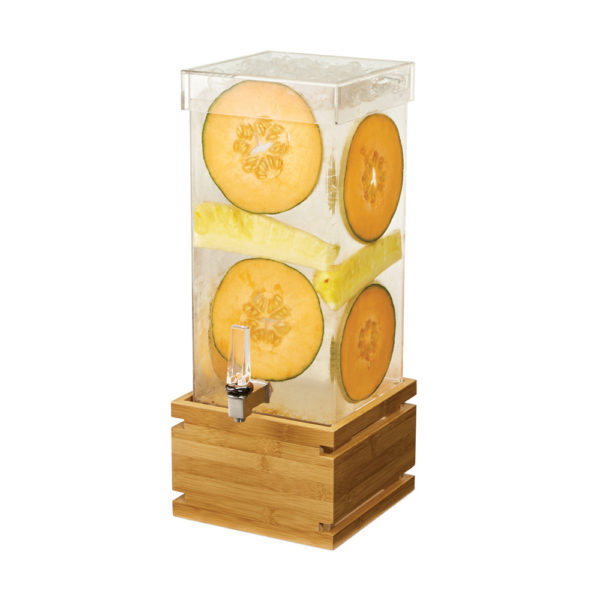 4 Gal. Rectangle Clear Acrylic Beverage Dispenser with Bamboo Base