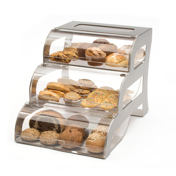 Rosseto® Three-Tier Clear Acrylic Bakery Display Case With Stainless Steel Stand - BK010
