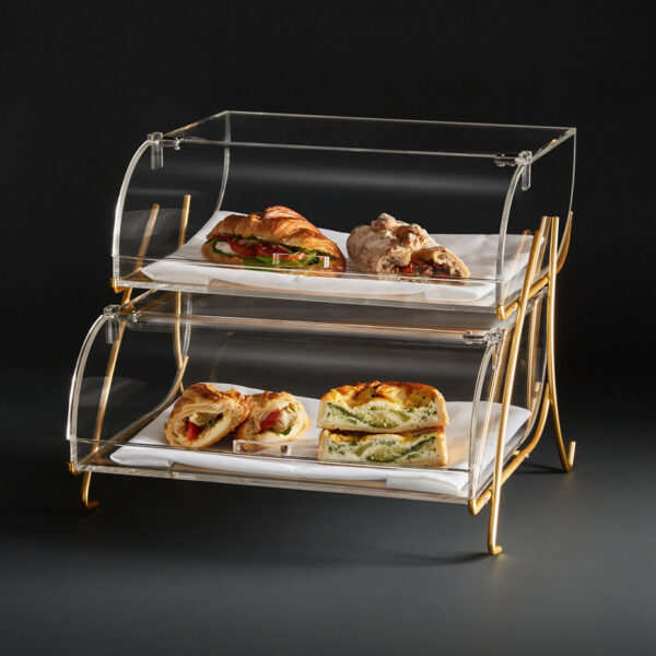 Rosseto® Two-Tier Clear Acrylic Bakery Display Case With Brass Metal Wire Stand – BK020