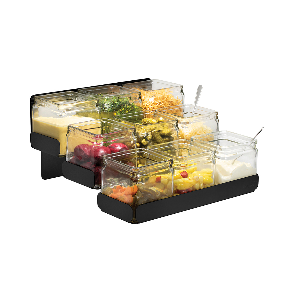 Condiments station 3 Levels ,9 Glass Jars Black Matte Holder, 1 EA