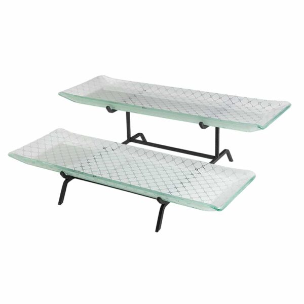 Kalderon 2 Level Black Metal Stand with Two Zenit White Large 22.5" Rectangle Handmade Glass Trays, 1 EA - GST02WFP