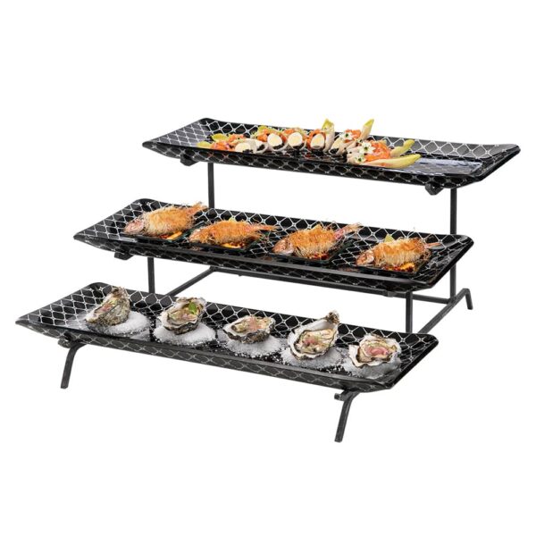 Kalderon 3 Level Black Metal Stand with Three Zenit Black Large 22.5" Rectangle Handmade Glass Trays, 1 EA - GST01BFP