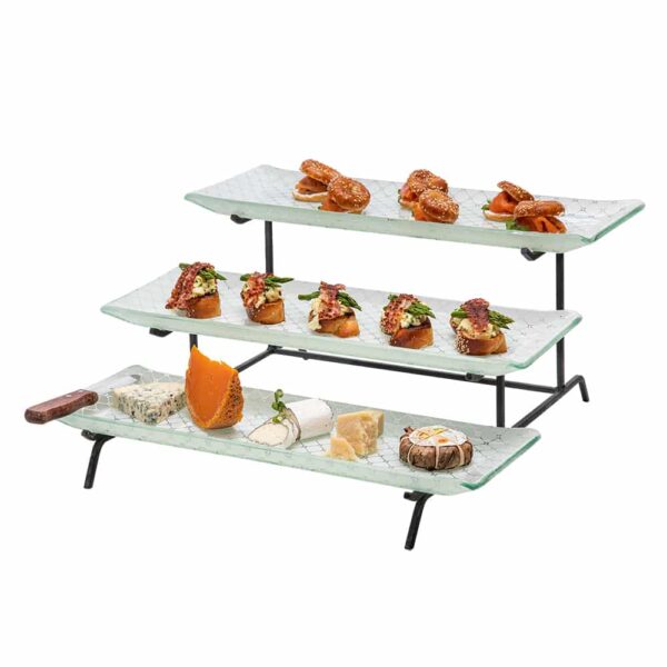 Kalderon 3 Level Black Metal Stand with Three Zenit White Large 22.5" Rectangle Handmade Glass Trays, 1 EA - GST01WFP