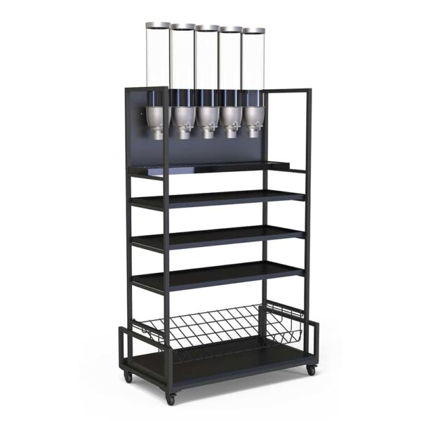 Modulite® Cart -Blk Base, 5 EZ-SERV Containers w/Mounting Kit, Catch Tray,3 Blk Bamboo Shelves, 1 Wire Basket, 1 Kit - MC-EZS52