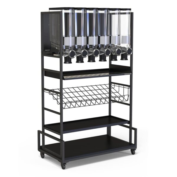 Modulite® Cart - Blk Base, 6 PRO-BULK Containers, Mounting Kit, Catch Tray, 1 Blk Bamboo Shelf & 1 Blk Wire Basket, 1 Kit - MC-PB62