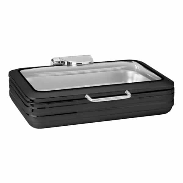 De Luxe Black Matte Rectangle Chafing Dish w/Glass See-Through Lid for Induction Use - CP401-BK