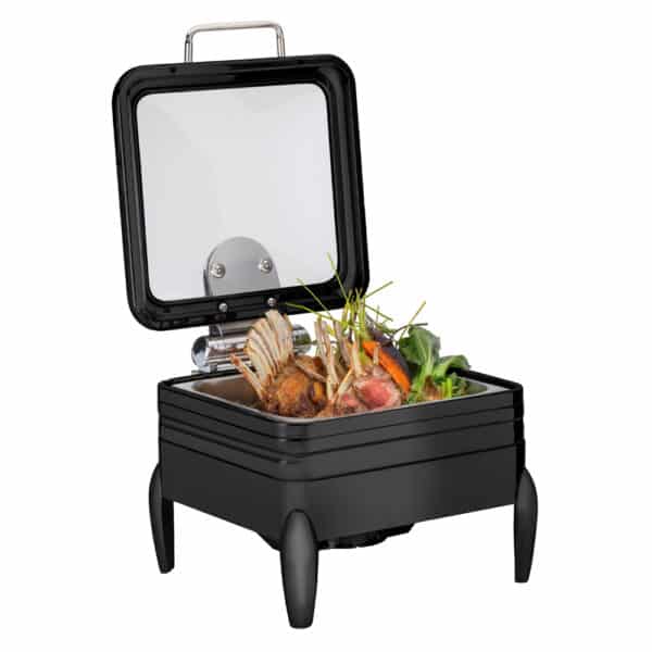 De Luxe Square Matte Black Chafing Dish with Glass Lid, Frame, Burner Holder & Induction Option - CP402F-BK