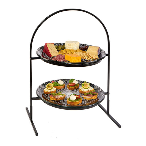 Kalderon 2 Level Round Black Metal Flat Packed Stand with Two Spiro Black 13" Round Handmade Glass Platters - GST08BFP