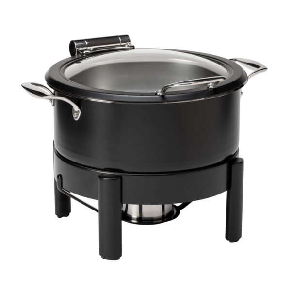 Le Dish Black Round Chafing Pot 4.8 Qt with Black Round Frame and Burn Holder Kit. 1 EA - GWD300K-BK