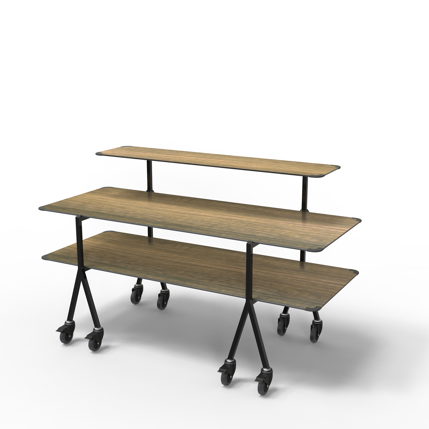 Modulite™3 Level Kit, Walnut 2 Tabletop, 1 Shelf, Black Legs with wheels – MT-3001WBW