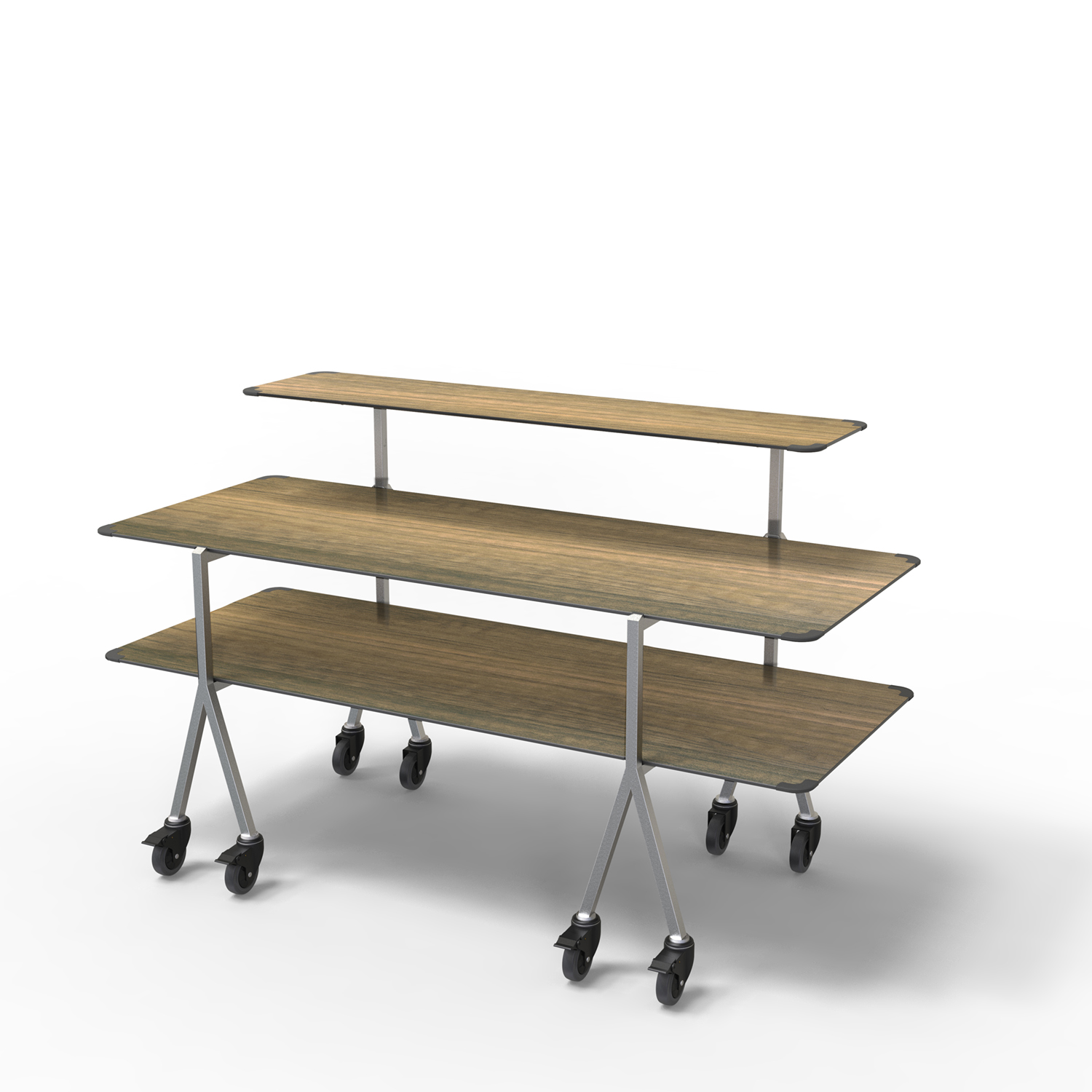 Modulite™3 Level Kit, Walnut 2 Tabletop, 1 Shelf, SS Legs with wheels – MT-3001WSW