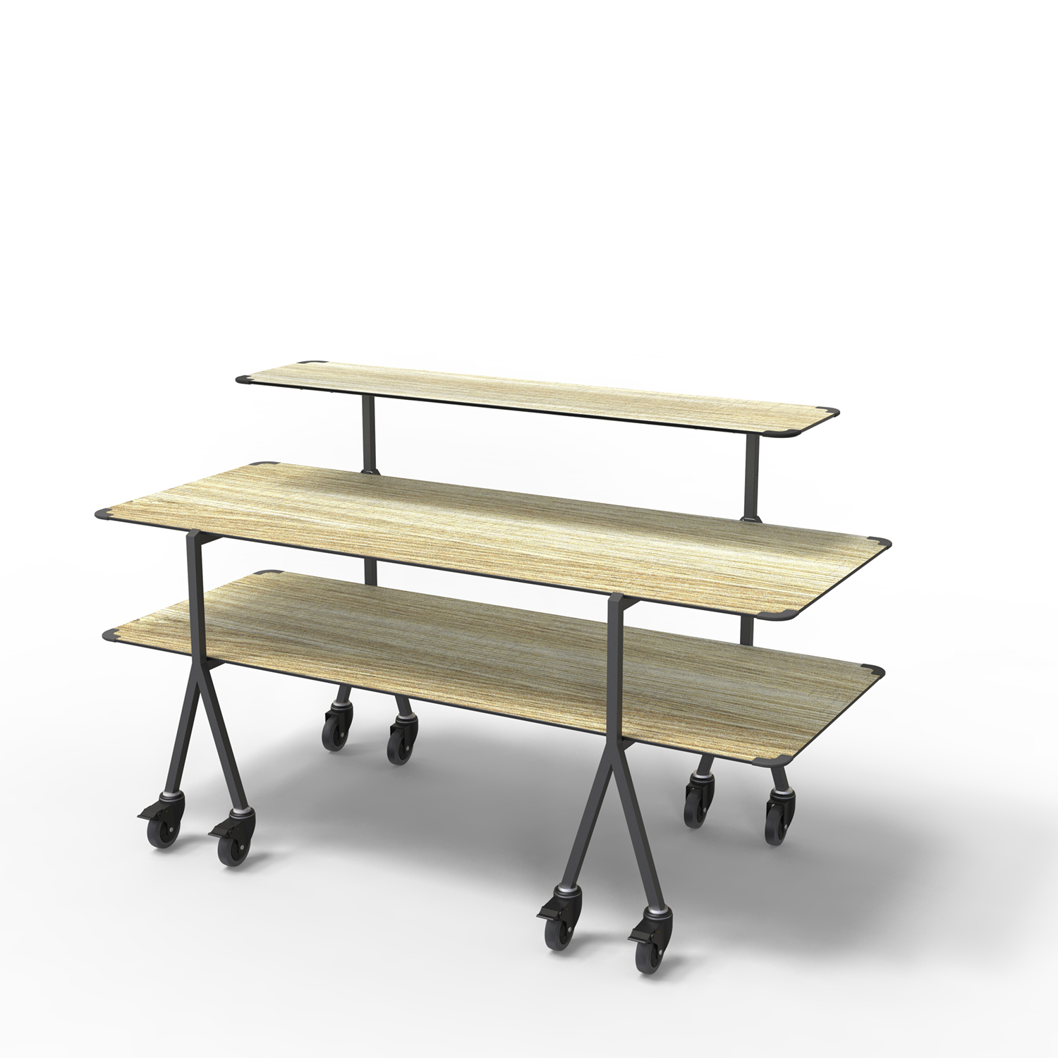Modulite™3 Level Kit, Natural Wood 2 Tabletop, 1 Shelf, BLK legs with wheels – MT-3002NWBW