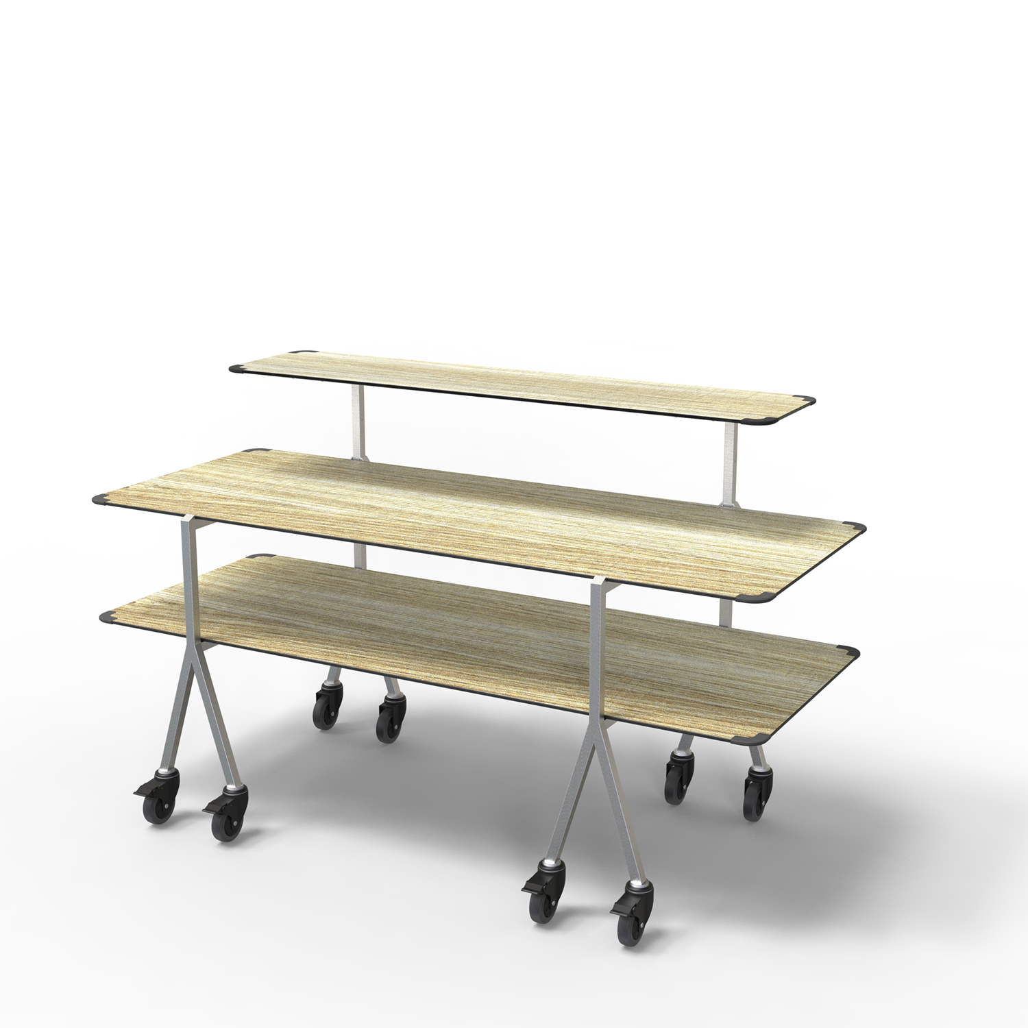 Modulite™3 Level Kit, Natural Wood 2 Tabletops, 1 Shelf, SS Legs with wheels – MT-3002NWSW