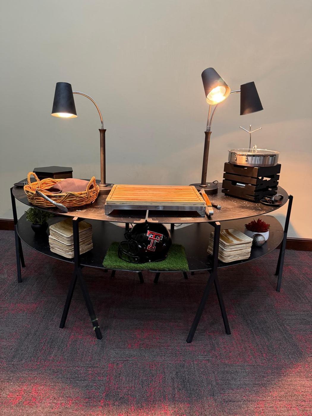 Carving station with heat lamps in a stadium suite