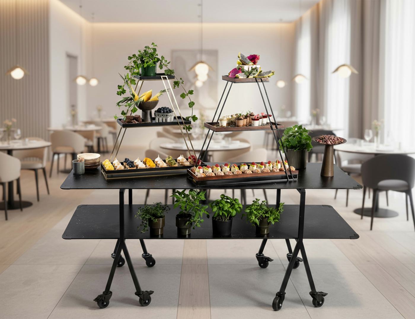 SkyRize display on a Modulite table in a lounge