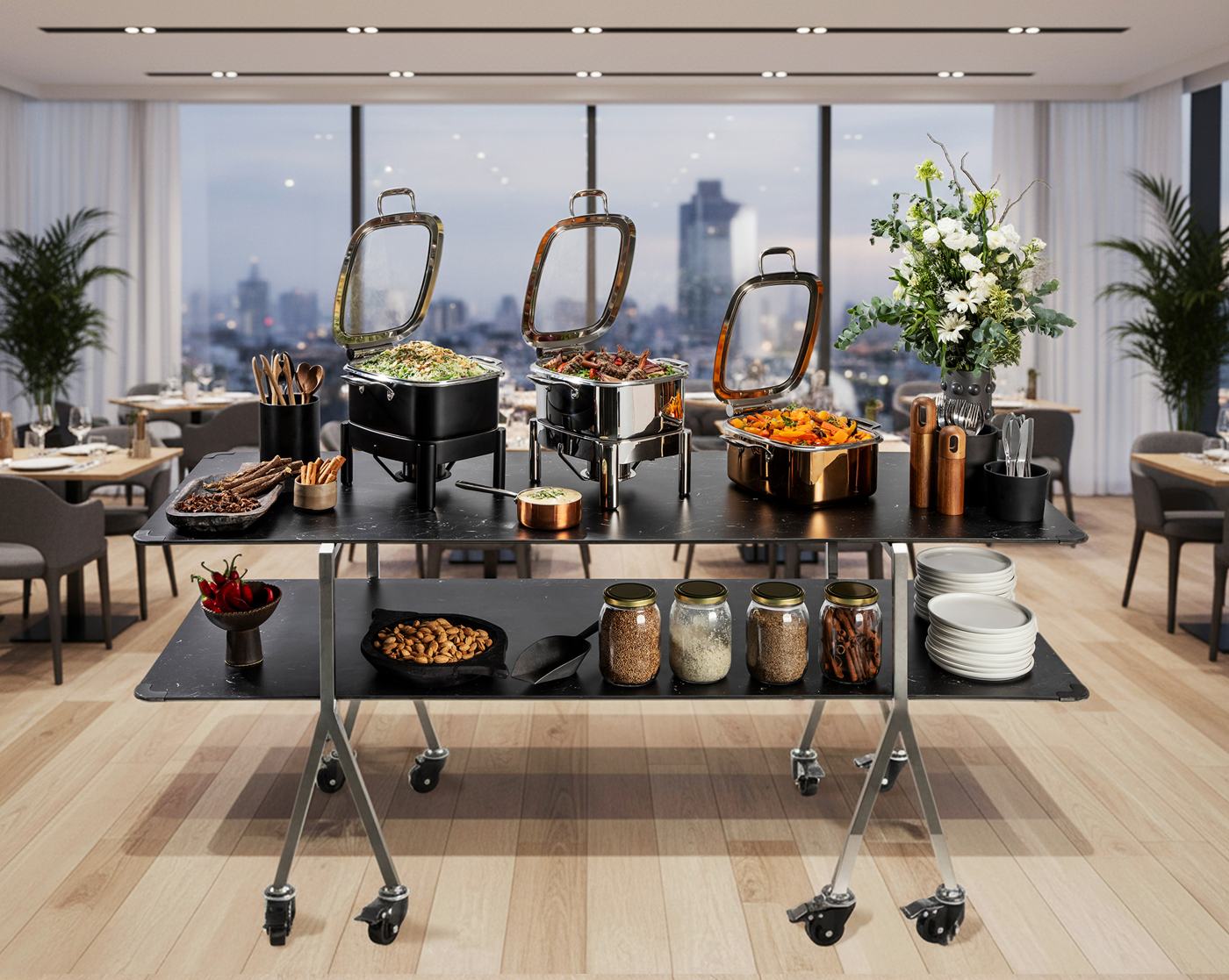 Chafer alternatives on a Modulite table in a lounge with a city view