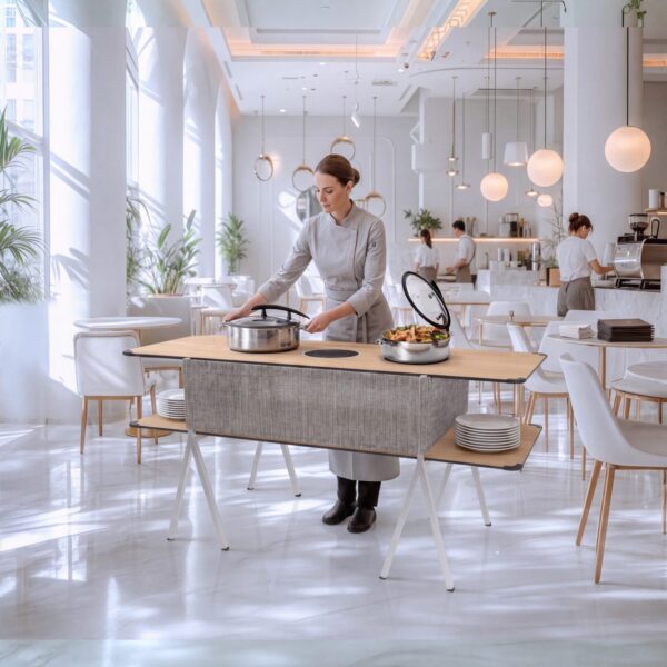 Modulite induction table in natural wood finish with integrated induction warming